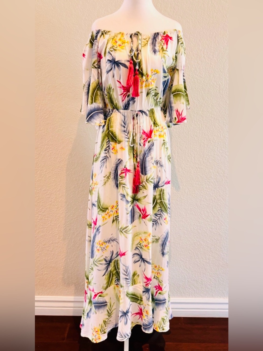 Label of Love Tropical Maxi Dress Off Shoulder Boho Tassel Rayon - Size Medium